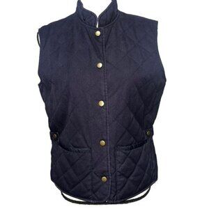 Reversible Quilted Gingham Print Solid Navy Womens Vest Snap Buttons Pockets S